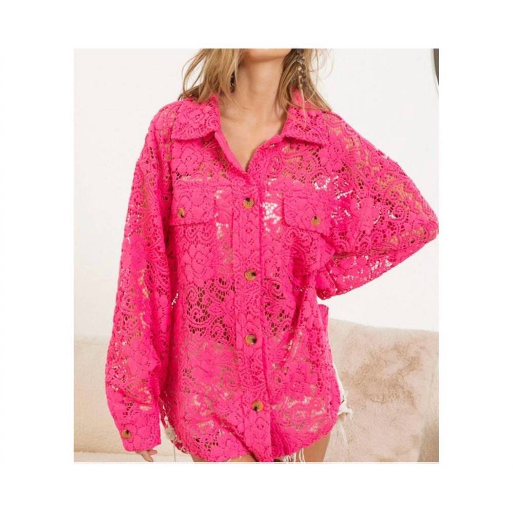 NEW ADORA lace shacket shirt in neon pink - Picture 3 of 3